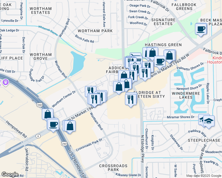 map of restaurants, bars, coffee shops, grocery stores, and more near Unnamed Road in Houston