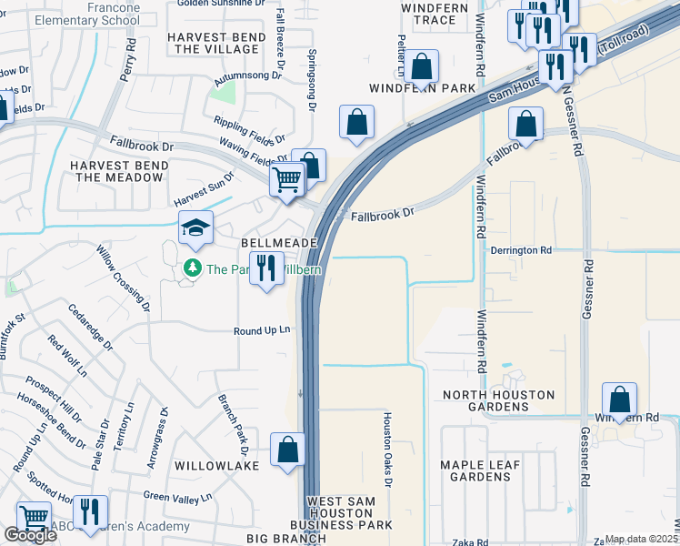 map of restaurants, bars, coffee shops, grocery stores, and more near 10720 West Sam Houston Parkway North in Houston