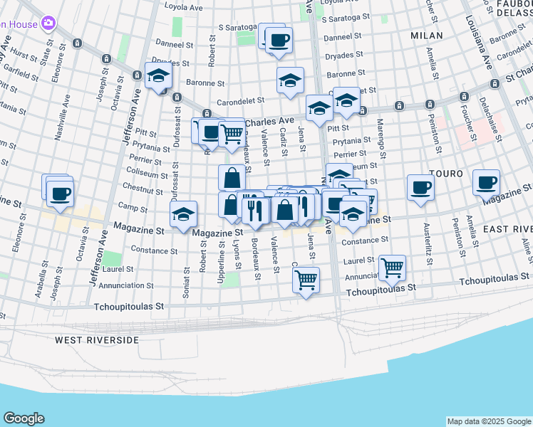 map of restaurants, bars, coffee shops, grocery stores, and more near 1019 Valence Street in New Orleans