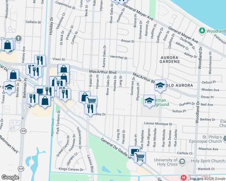 map of restaurants, bars, coffee shops, grocery stores, and more near 738 Huntlee Drive in New Orleans