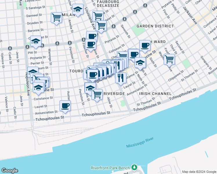 map of restaurants, bars, coffee shops, grocery stores, and more near in New Orleans