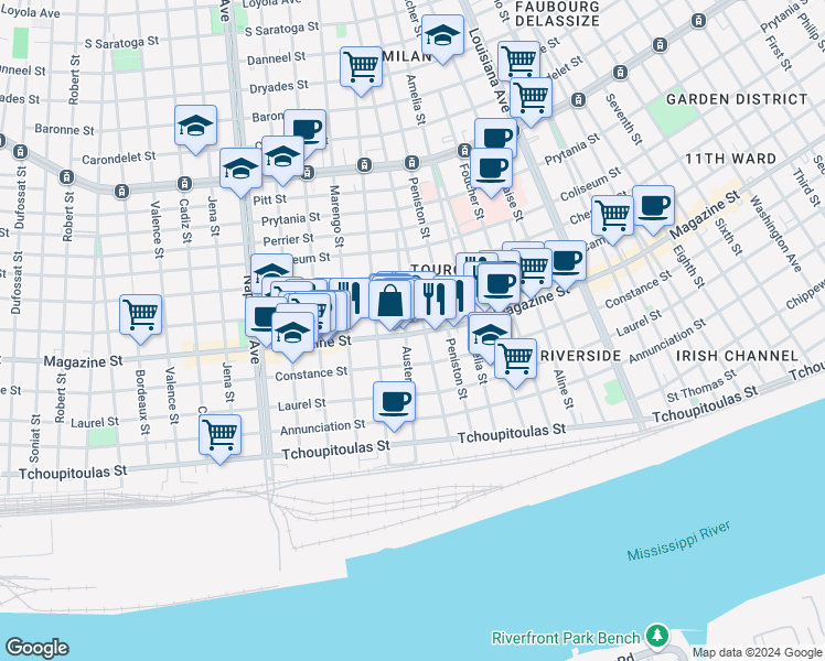 map of restaurants, bars, coffee shops, grocery stores, and more near 3926 Camp Street in New Orleans