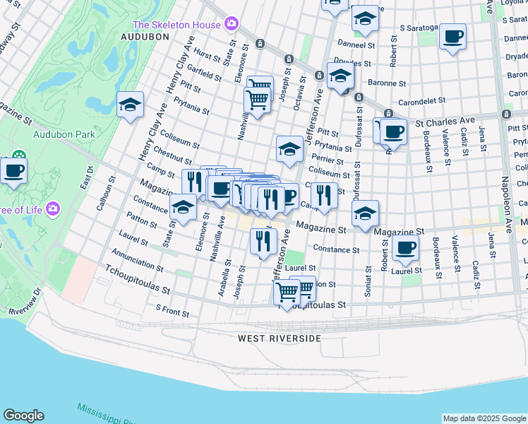 map of restaurants, bars, coffee shops, grocery stores, and more near 5600 Camp Street in New Orleans