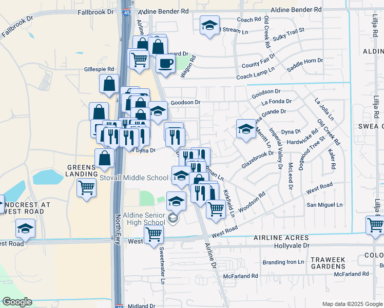 map of restaurants, bars, coffee shops, grocery stores, and more near 100 West Dyna Drive in Houston