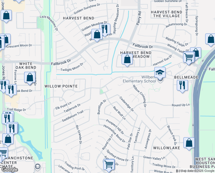 map of restaurants, bars, coffee shops, grocery stores, and more near 9910 Willow Crossing Drive in Houston