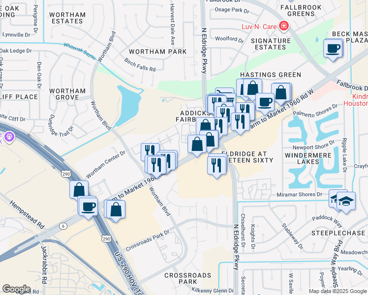 map of restaurants, bars, coffee shops, grocery stores, and more near Unnamed Road in Houston