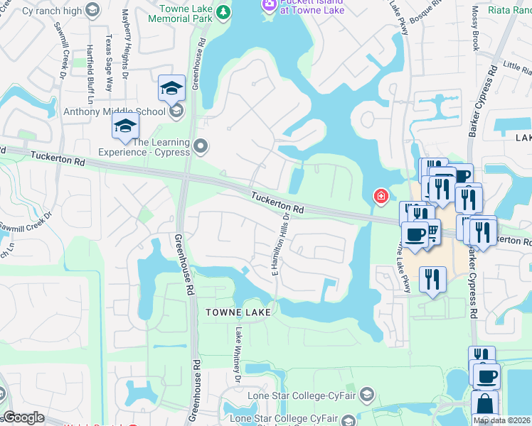 map of restaurants, bars, coffee shops, grocery stores, and more near 19019 San Saba River Court in Cypress