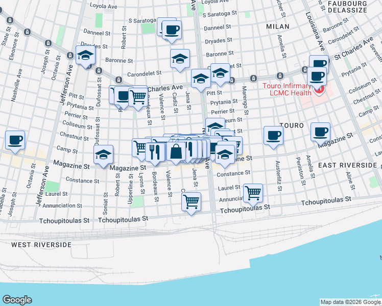 map of restaurants, bars, coffee shops, grocery stores, and more near 4519 Camp Street in New Orleans