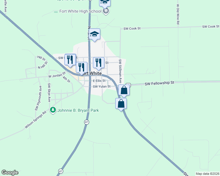 map of restaurants, bars, coffee shops, grocery stores, and more near O'Leno to Ichetucknee Trail in Fort White