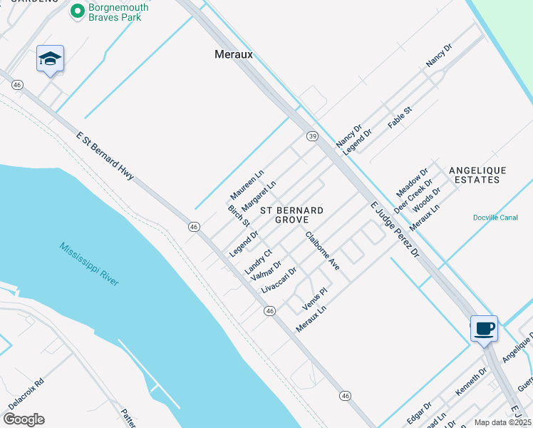 map of restaurants, bars, coffee shops, grocery stores, and more near 2208 Nancy Drive in Meraux