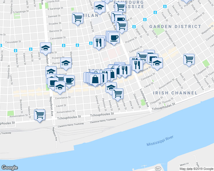 map of restaurants, bars, coffee shops, grocery stores, and more near 3645 Magazine Street in New Orleans