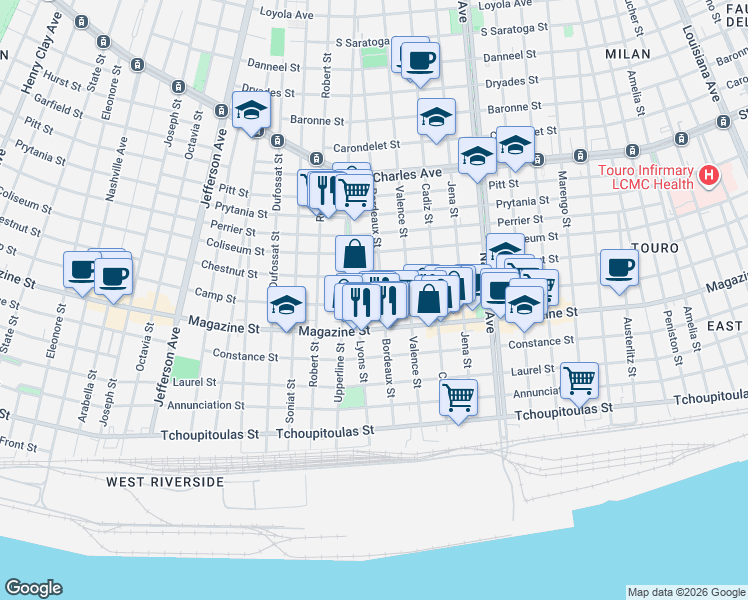 map of restaurants, bars, coffee shops, grocery stores, and more near 1022 Bordeaux Street in New Orleans