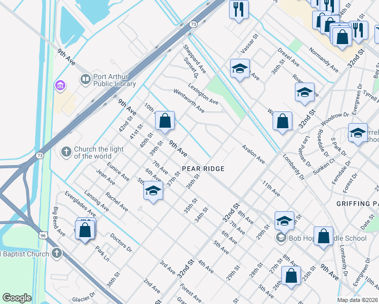 map of restaurants, bars, coffee shops, grocery stores, and more near 3734 38th Street in Port Arthur
