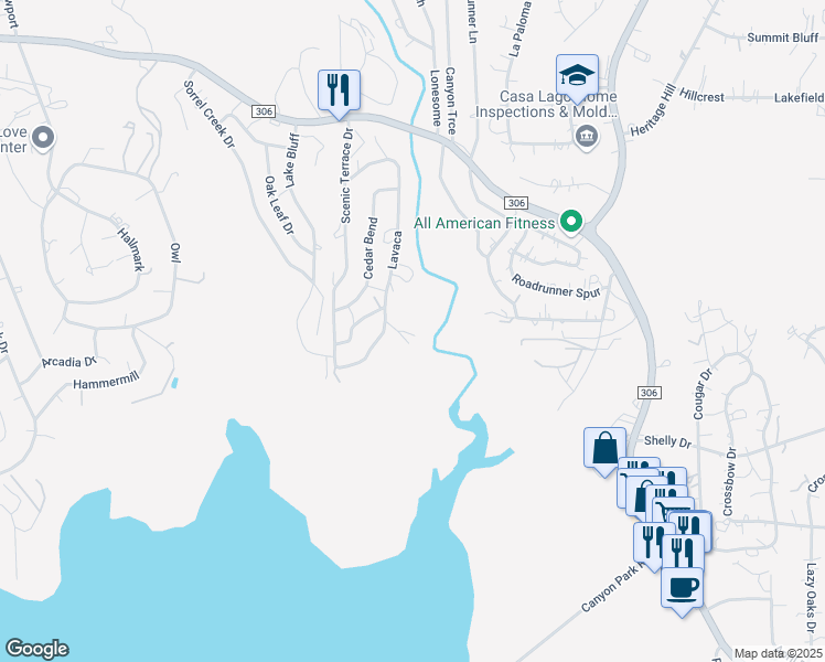 map of restaurants, bars, coffee shops, grocery stores, and more near 1409 Lavaca in Canyon Lake
