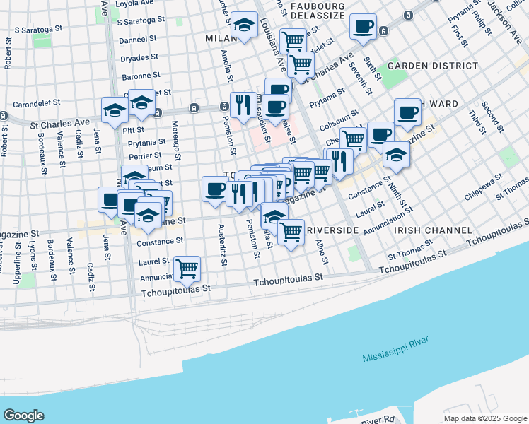 map of restaurants, bars, coffee shops, grocery stores, and more near 3650 Magazine Street in New Orleans