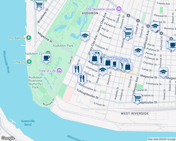 map of restaurants, bars, coffee shops, grocery stores, and more near 631 Henry Clay Avenue in New Orleans