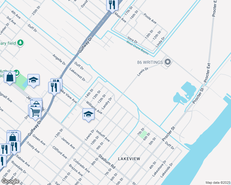 map of restaurants, bars, coffee shops, grocery stores, and more near 1200 Duff Drive in Port Arthur