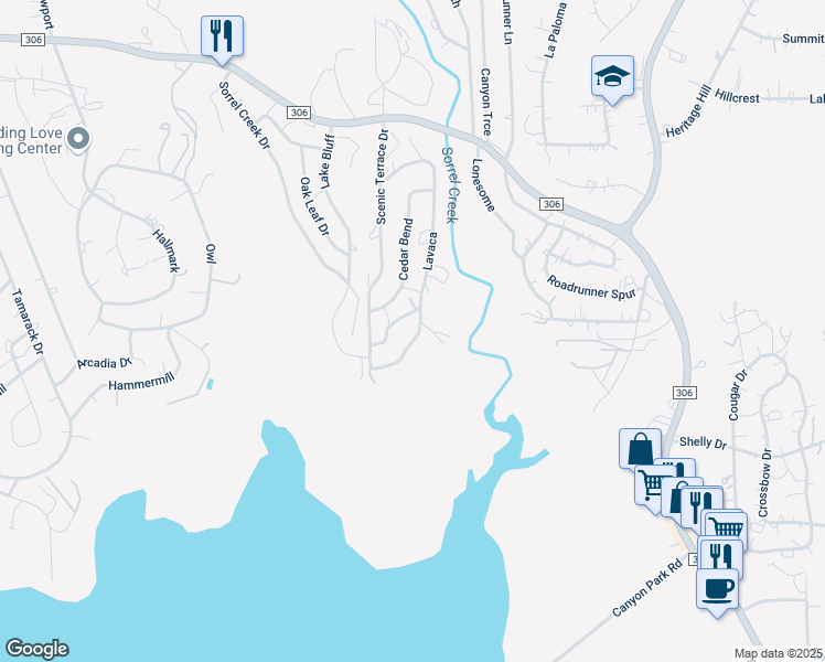 map of restaurants, bars, coffee shops, grocery stores, and more near 1011 Alta Vista Lane in Canyon Lake