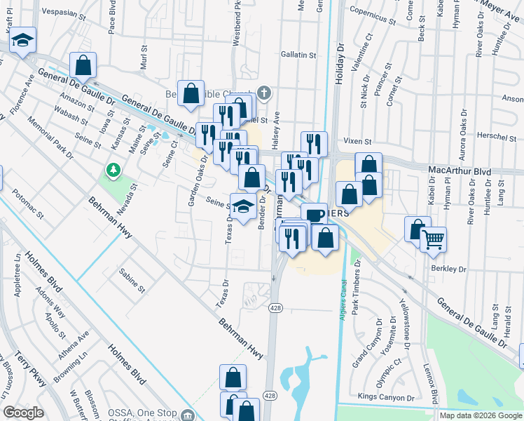 map of restaurants, bars, coffee shops, grocery stores, and more near 3401 Bender Drive in New Orleans