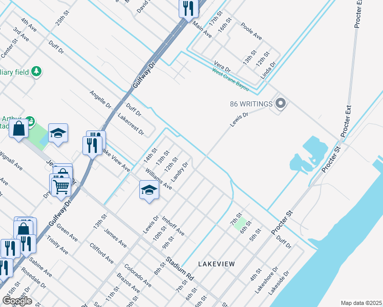 map of restaurants, bars, coffee shops, grocery stores, and more near 1200 Duff Drive in Port Arthur