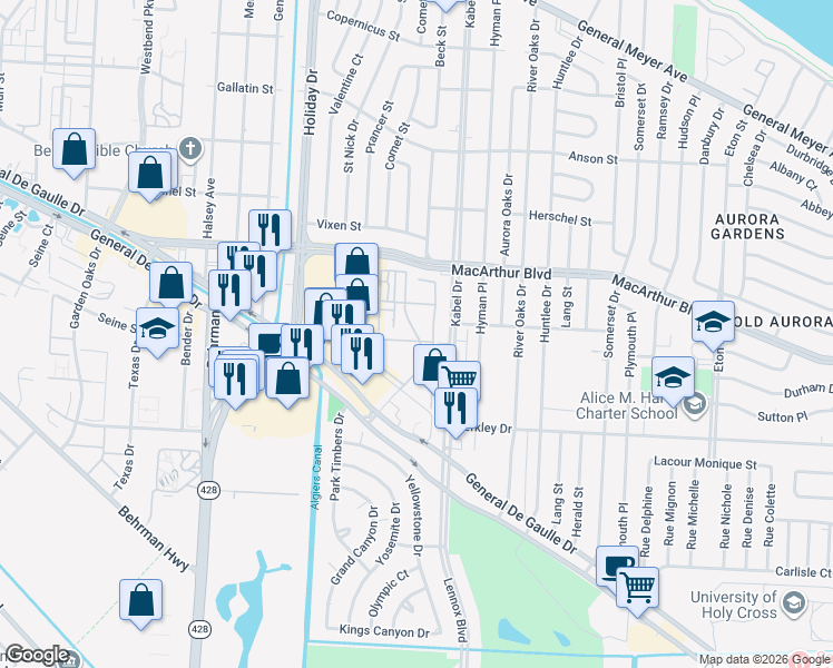 map of restaurants, bars, coffee shops, grocery stores, and more near 3201 Kabel Drive in New Orleans