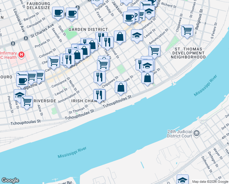 map of restaurants, bars, coffee shops, grocery stores, and more near 536 Washington Avenue in New Orleans