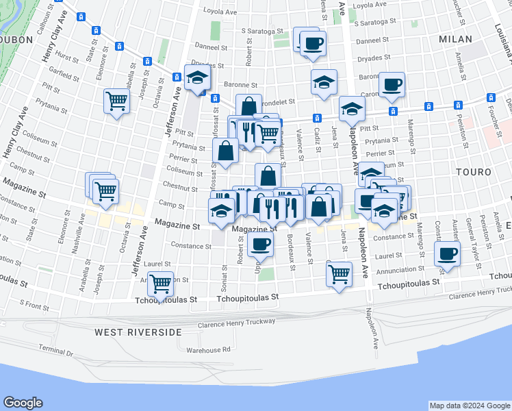 map of restaurants, bars, coffee shops, grocery stores, and more near in New Orleans