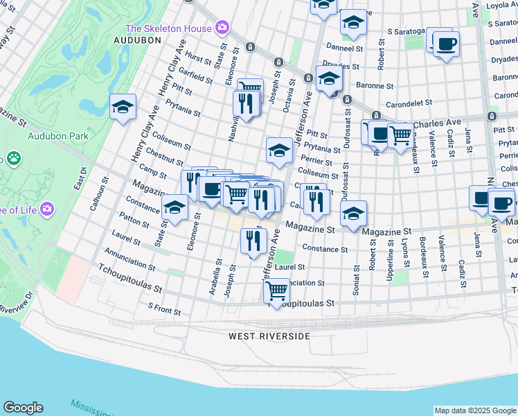 map of restaurants, bars, coffee shops, grocery stores, and more near 5422 Camp Street in New Orleans