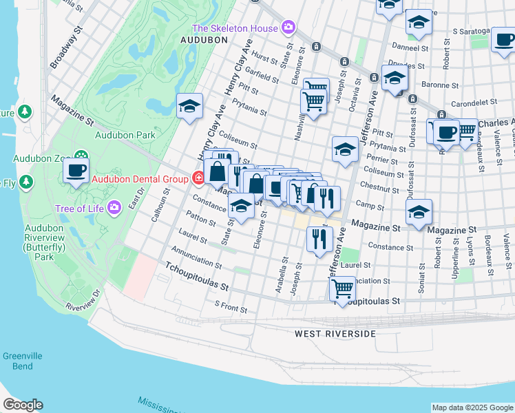 map of restaurants, bars, coffee shops, grocery stores, and more near 811 Eleonore Street in New Orleans