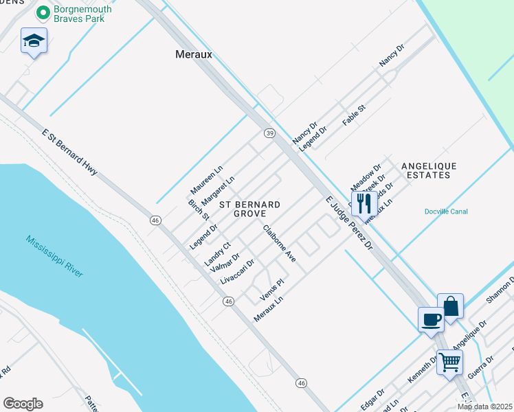 map of restaurants, bars, coffee shops, grocery stores, and more near in Meraux