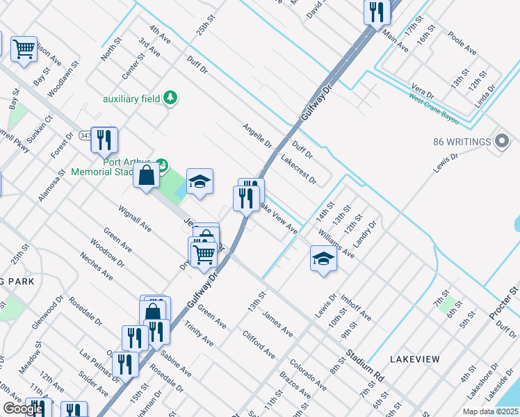 map of restaurants, bars, coffee shops, grocery stores, and more near 1700 Lake View Avenue in Port Arthur