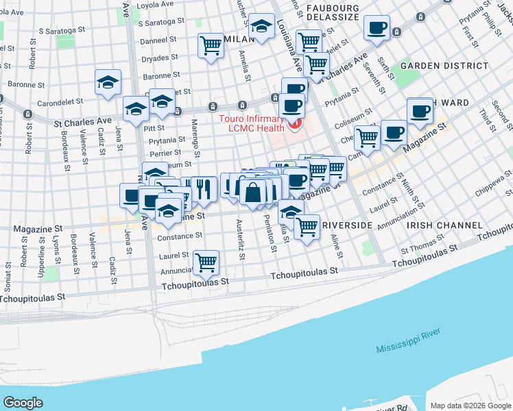 map of restaurants, bars, coffee shops, grocery stores, and more near 922 Peniston Street in New Orleans