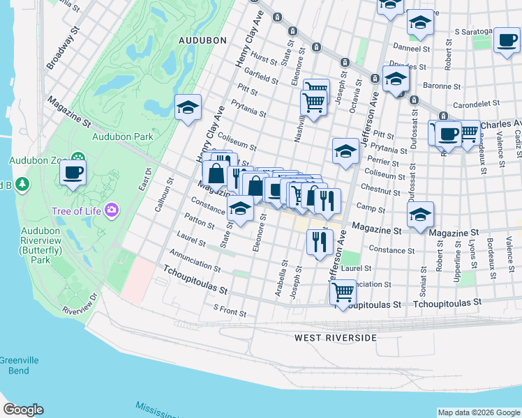 map of restaurants, bars, coffee shops, grocery stores, and more near 811 Eleonore Street in New Orleans