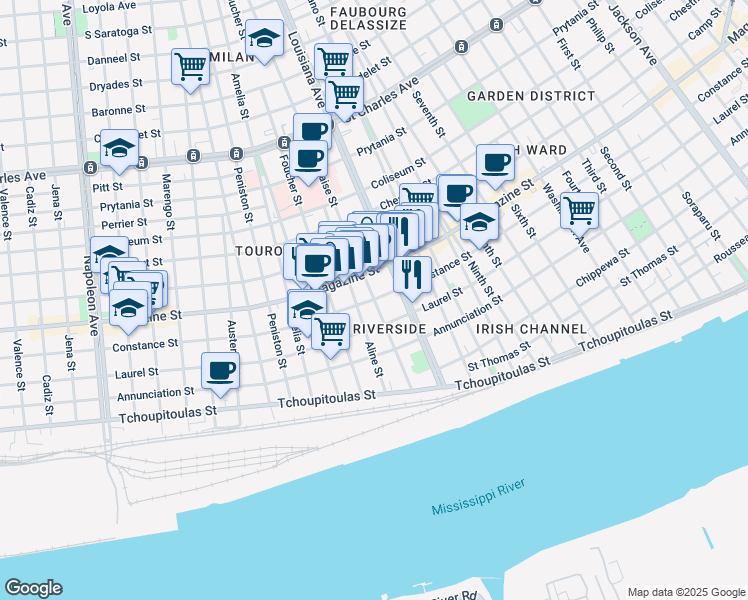 map of restaurants, bars, coffee shops, grocery stores, and more near Constance Street & Delachaise Street in New Orleans