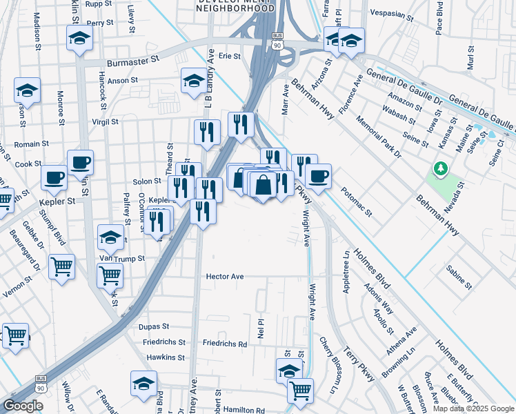 map of restaurants, bars, coffee shops, grocery stores, and more near 197 Westbank Expressway in Terrytown