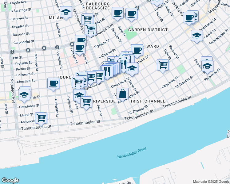 map of restaurants, bars, coffee shops, grocery stores, and more near 919 Toledano Street in New Orleans