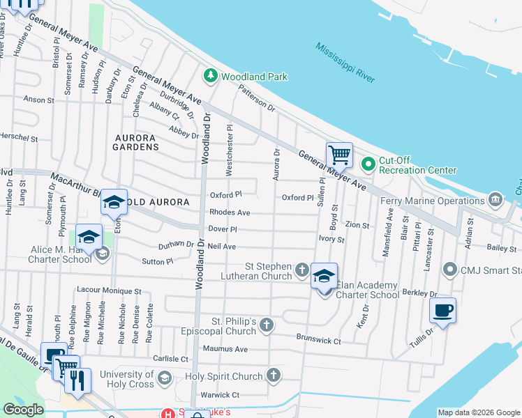 map of restaurants, bars, coffee shops, grocery stores, and more near 6061 Oxford Place in New Orleans