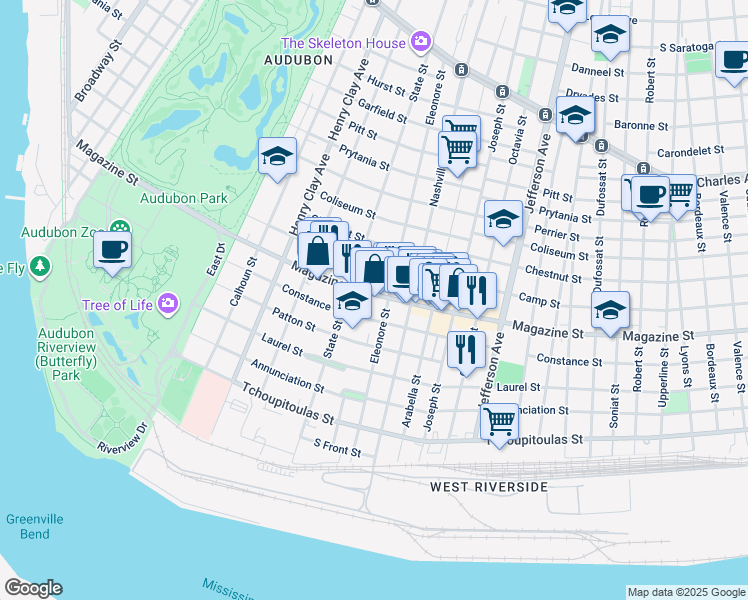 map of restaurants, bars, coffee shops, grocery stores, and more near 811 Eleonore Street in New Orleans