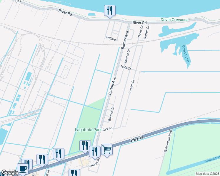 map of restaurants, bars, coffee shops, grocery stores, and more near 330 Barton Avenue in Luling