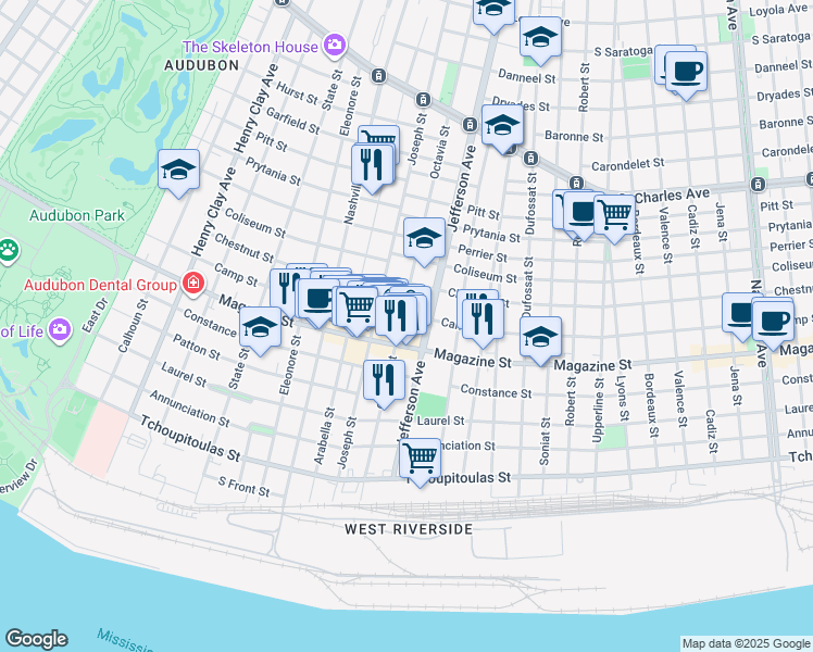 map of restaurants, bars, coffee shops, grocery stores, and more near 825 Octavia Street in New Orleans