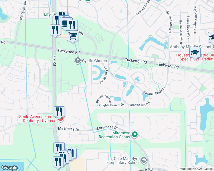 map of restaurants, bars, coffee shops, grocery stores, and more near 9920 Easton Sky Lane in Cypress