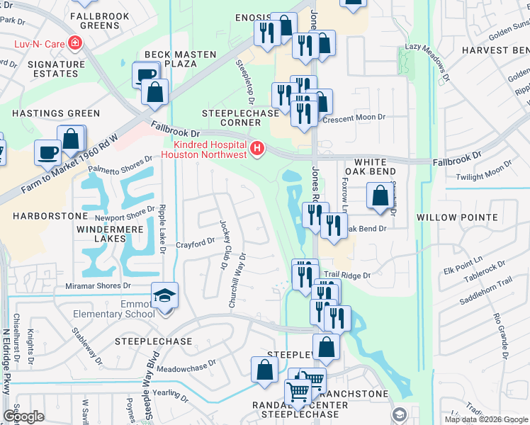 map of restaurants, bars, coffee shops, grocery stores, and more near 10130 Chiselhurst Way in Houston