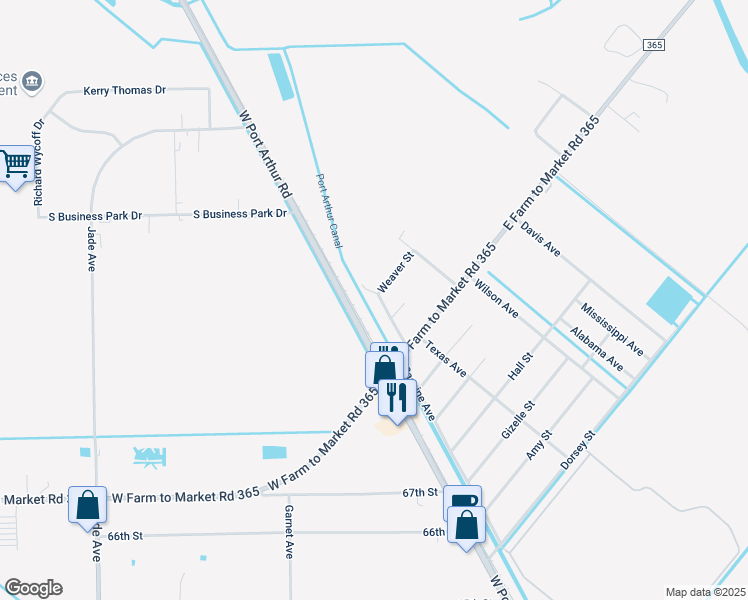 map of restaurants, bars, coffee shops, grocery stores, and more near 420 Weaver Street in Port Arthur