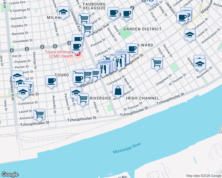 map of restaurants, bars, coffee shops, grocery stores, and more near 919 Toledano Street in New Orleans
