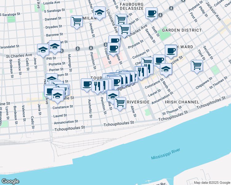 map of restaurants, bars, coffee shops, grocery stores, and more near 3530 Magazine Street in New Orleans