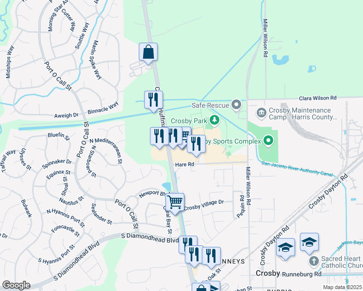 map of restaurants, bars, coffee shops, grocery stores, and more near 6616 Farm to Market 2100 in Crosby