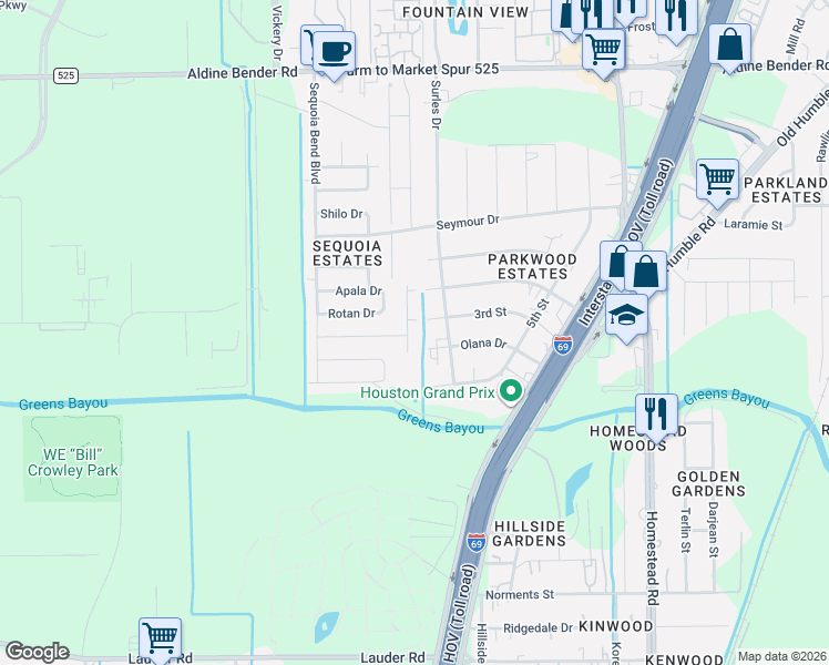 map of restaurants, bars, coffee shops, grocery stores, and more near 14023 Wilo Drive in Houston