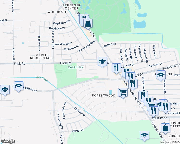 map of restaurants, bars, coffee shops, grocery stores, and more near 2331 Frick Road in Houston