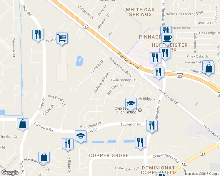 map of restaurants, bars, coffee shops, grocery stores, and more near 10007 Lynette Falls Drive in Houston