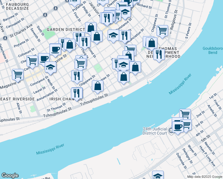 map of restaurants, bars, coffee shops, grocery stores, and more near 405 Third Street in New Orleans